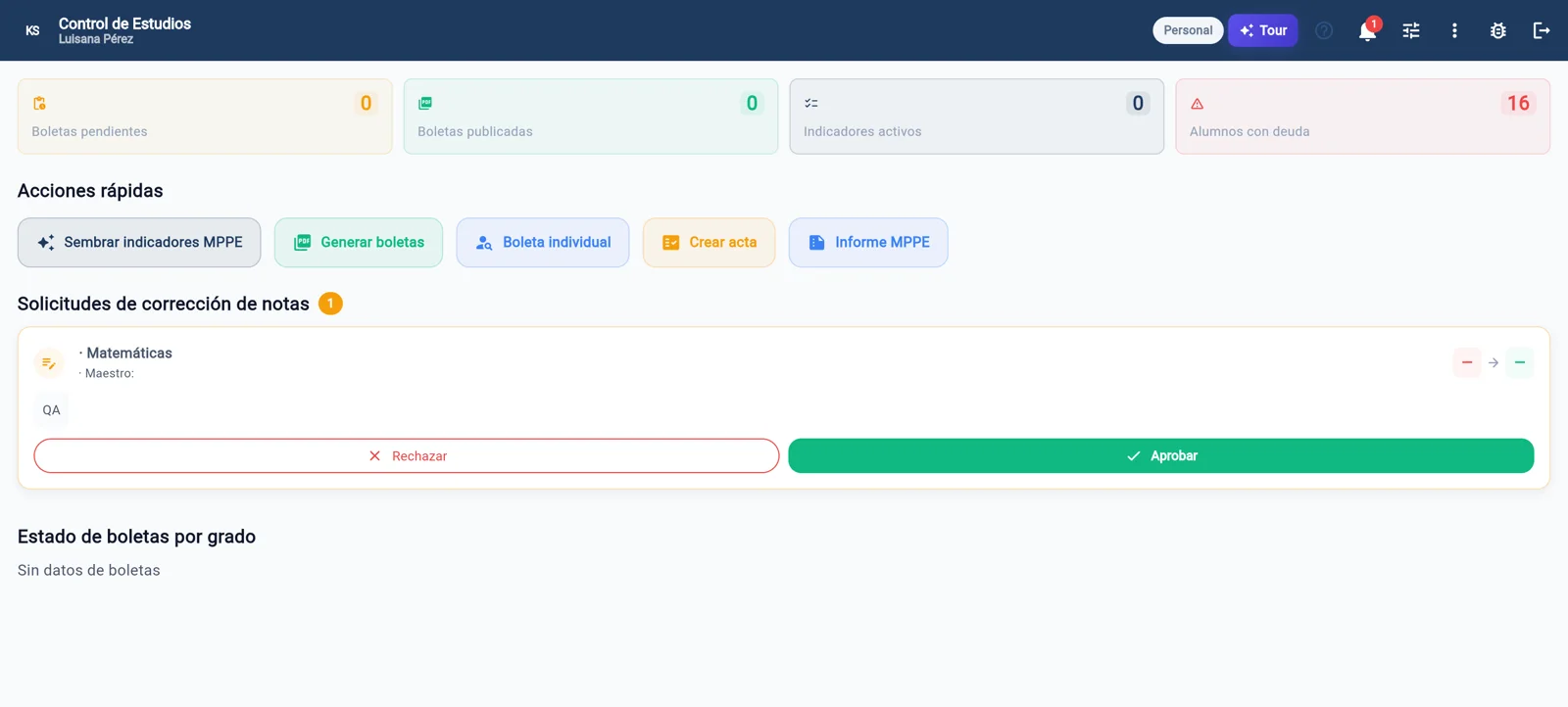 Tablero de Control de Estudios en KREA School: generar boletas, informe MPPE, actas y solicitudes de corrección de notas
