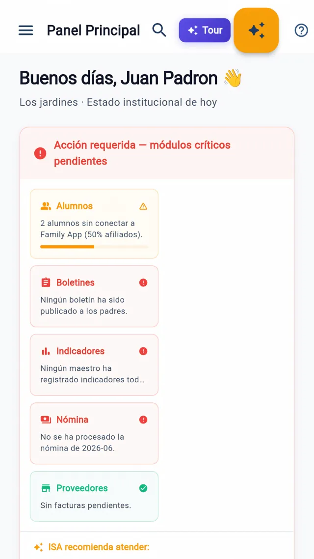 Panel principal de KREA School en el teléfono, con módulos críticos pendientes